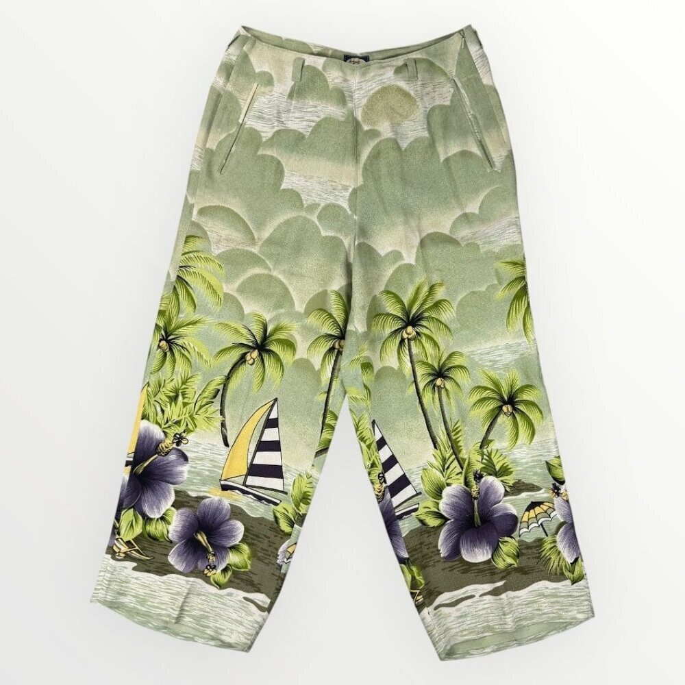 TOMMY BAHAMA Silk Womens 12 Tropical Wide Leg Cropped Pants Floral Green Capris